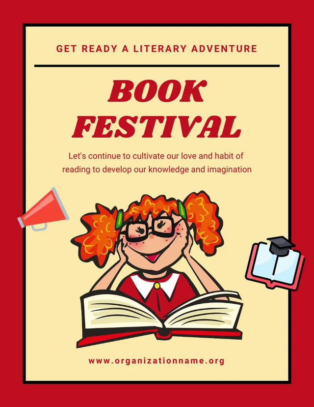 Rote und gelbe klassische Illustration Lesebuch-Festival-Plakatvorlage