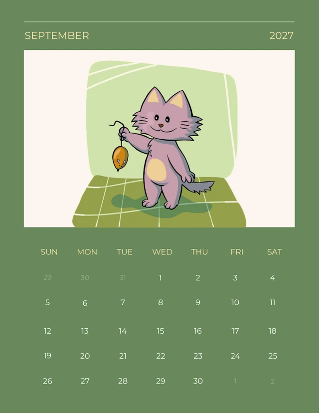 Green Cat Calendar 2027 Template