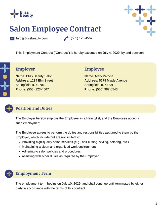 Salon Employee Contract Template - page 1