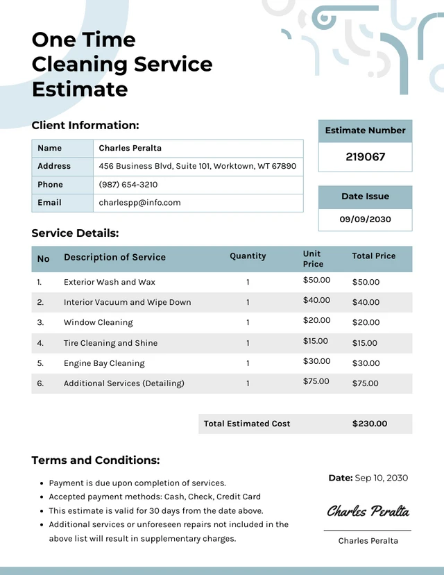 Modèle d'estimation de service de nettoyage unique