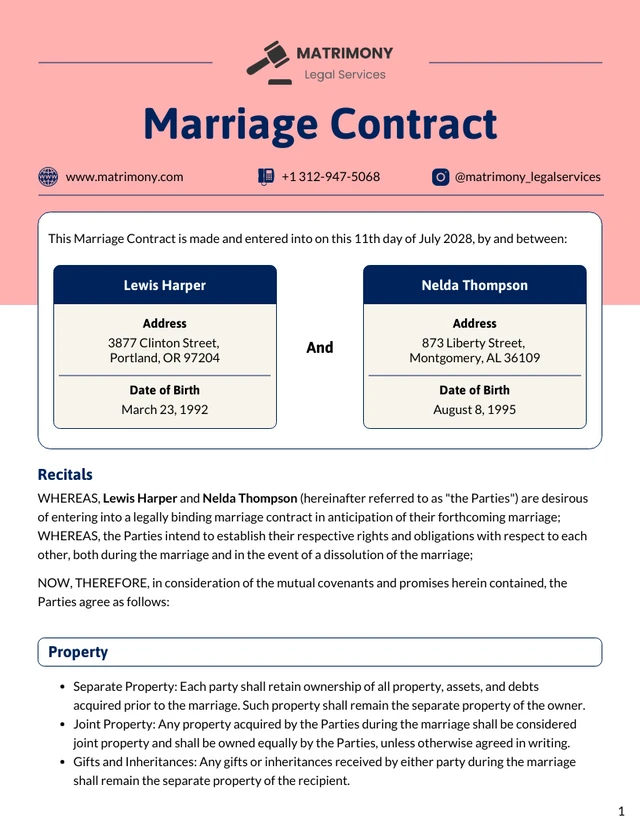 Marriage Contract Template - Pagina 1