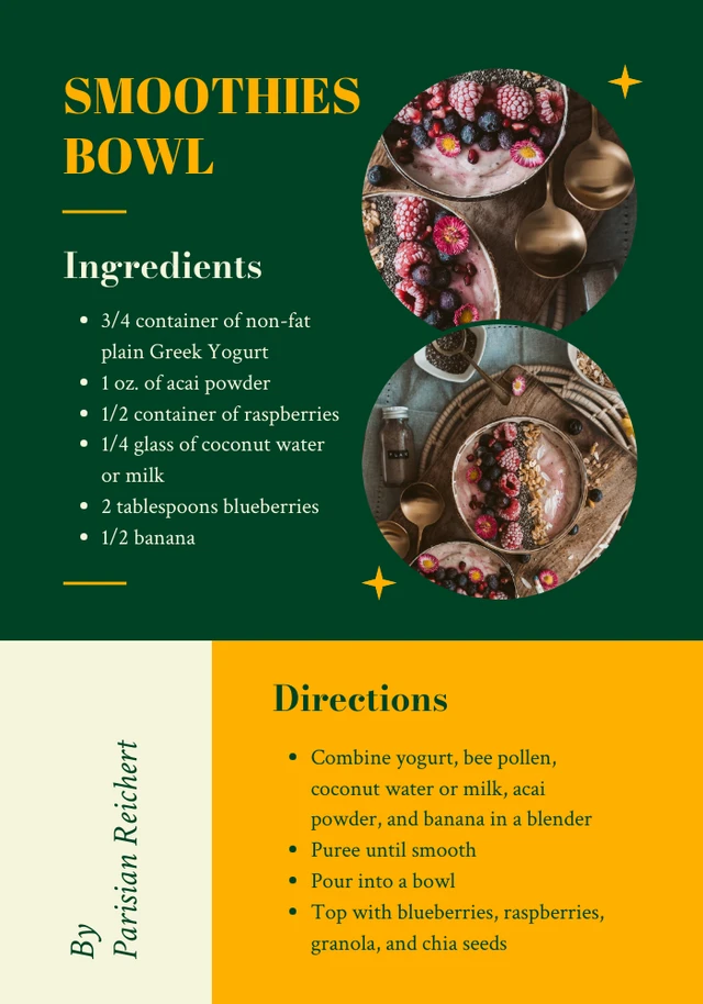 Green And Yellow Modern Smoothies Bowl Recipe Cards Template