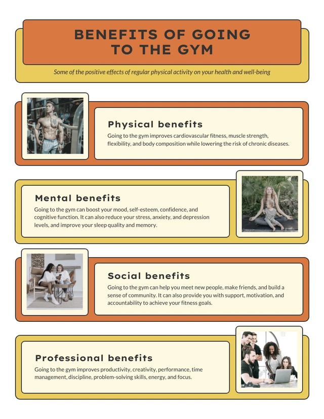 Principais benefícios dos exercícios de ginástica: modelo de infográfico de fitness
