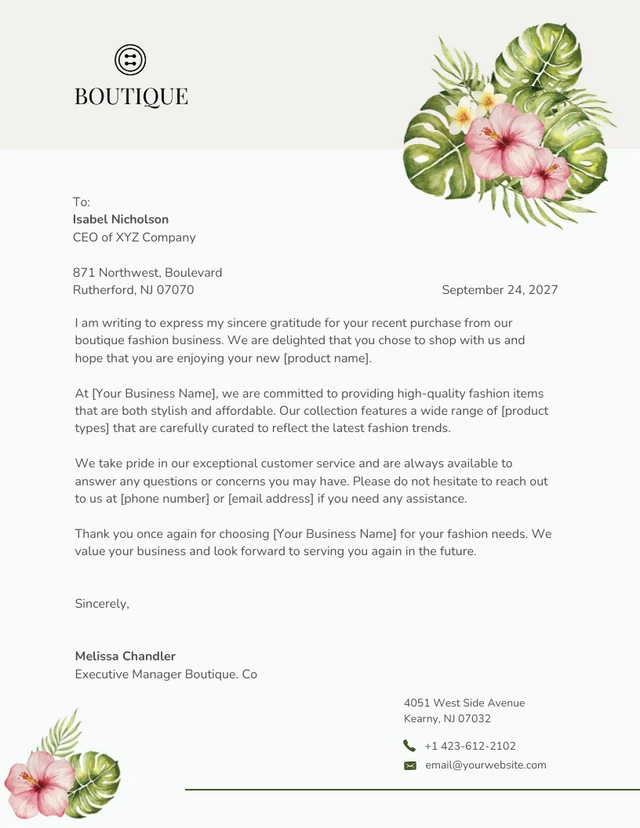 White Beige Floral Green Boutique Business Letterhead