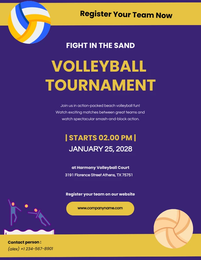 Purple And Yellow Simple Modern Illustrated Volleyball Poster Template