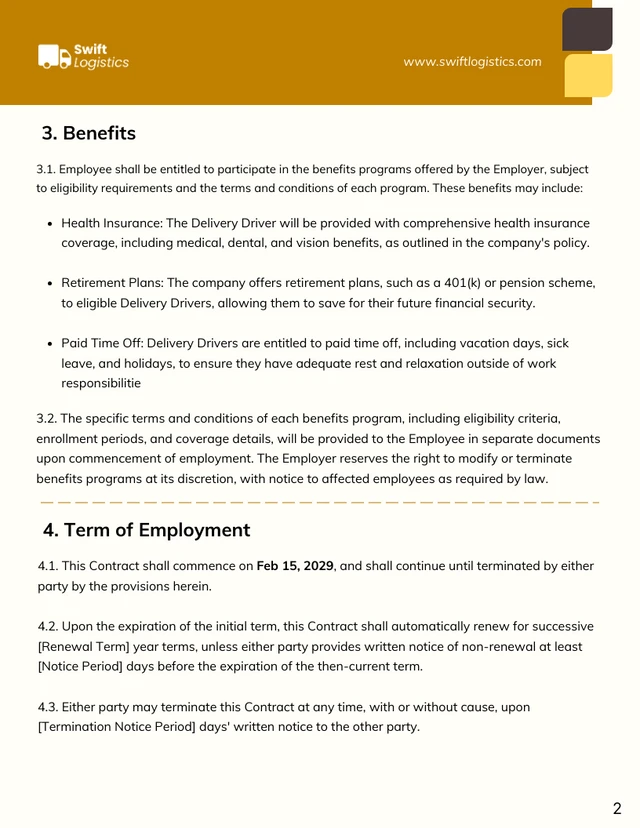 Delivery Driver Employment Contract Template - Page 2