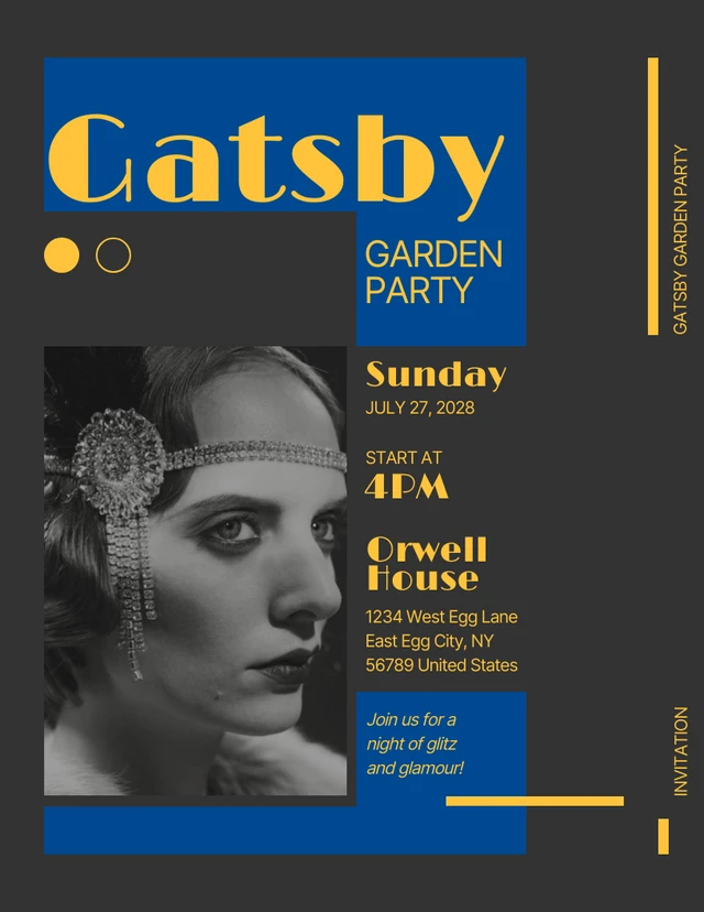 Retro dunkle, gelbe und blaue Gatsby-Einladungsvorlage