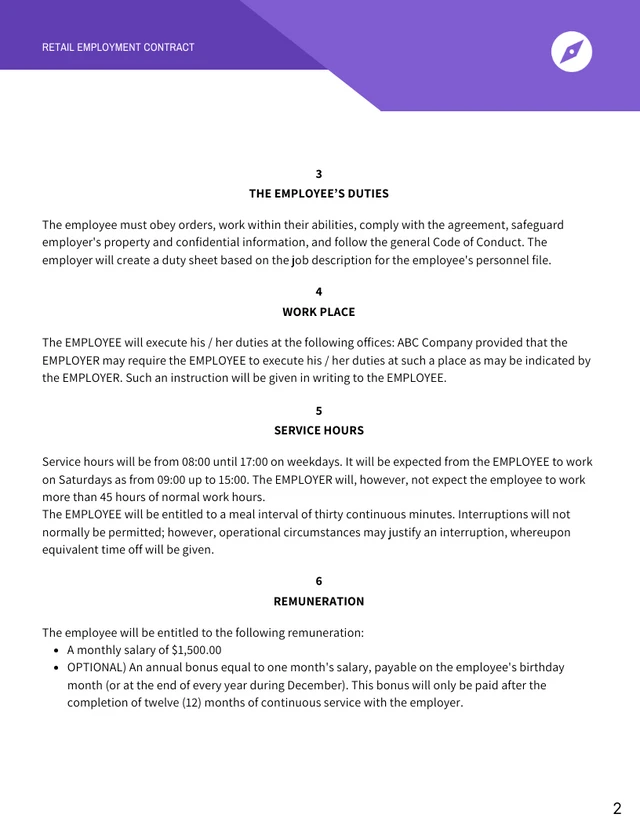 Retail Employment Contract Template - page 2