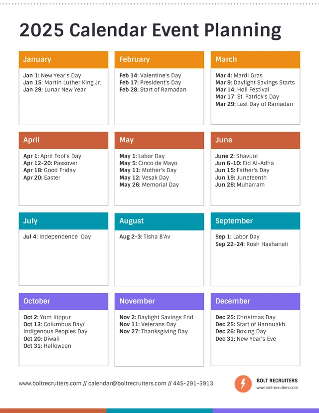 Plantilla de Horario de Trabajo para Eventos de Calendario de una sola página 2025