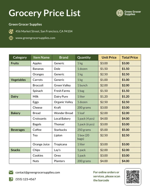 Grocery Price List Template Excel