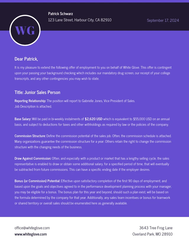 Purple Simple Job Offer Letter - Page 1