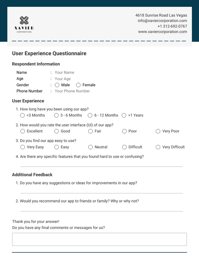 Blue Professional Questionnaire Form Template