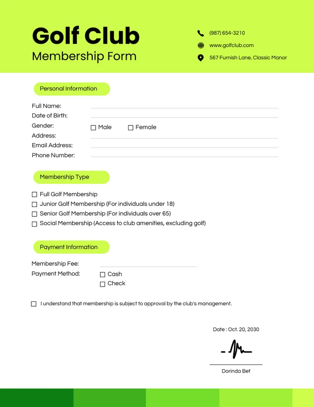 Neon Green Minimalist Membership Form Template
