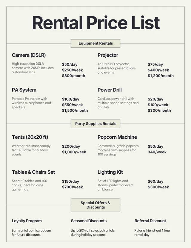 Rental Price List Template - Page 1