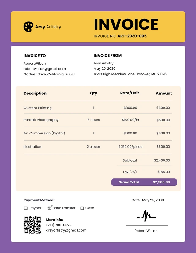 Yellow and Purple Artist Invoice Template