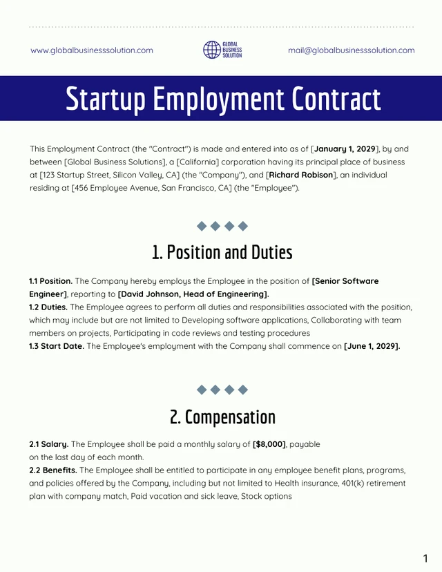 Startup Employment Contract Template - صفحة 1