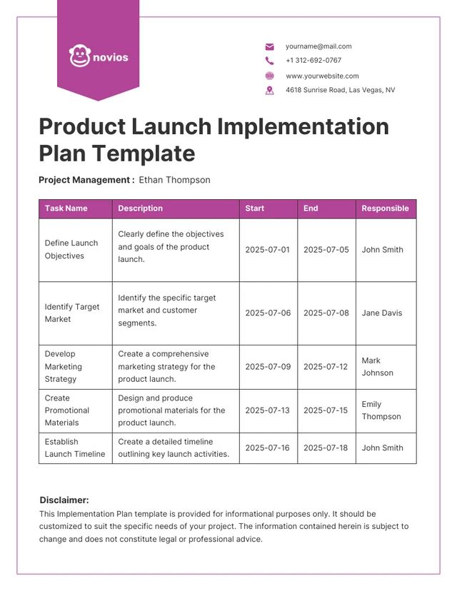 Purple White Minimalist Product Launch Implementation Plan Template