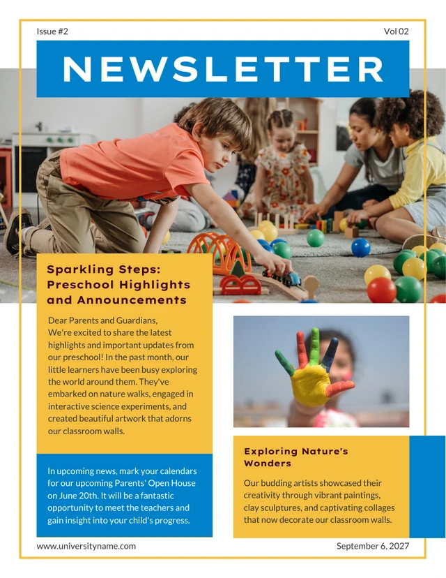 Yellow And Blue Modern Preschool Newsletter Template