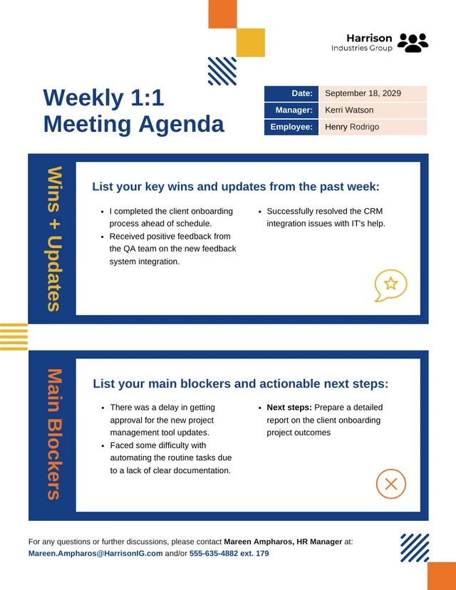 Plantilla de agenda para reuniones semanales 1 a 1