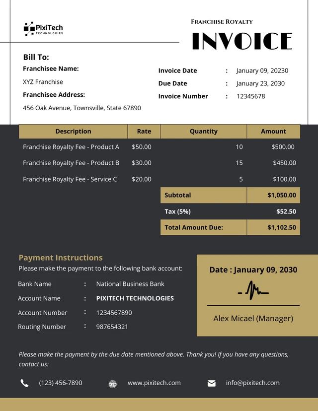 Franchise Royalty Invoice Template