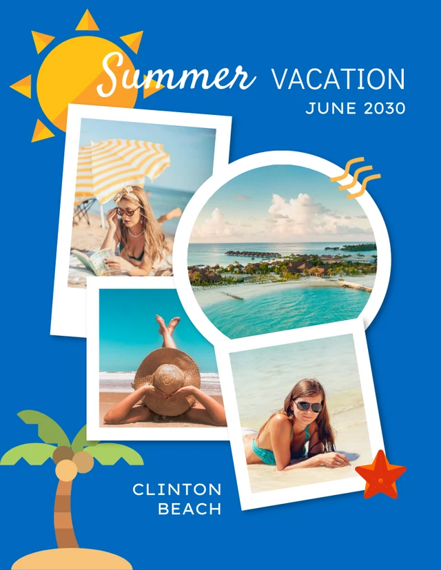 Blue Playful Polaroid Illustration Cool Summer Vacation Collages Template
