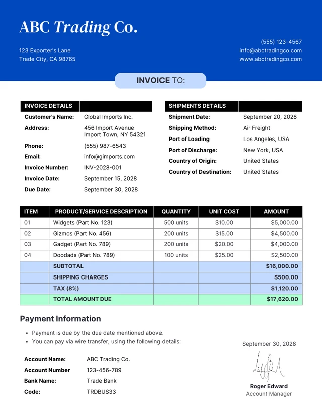 Modern Simple Royal Blue Commercial Invoice Template