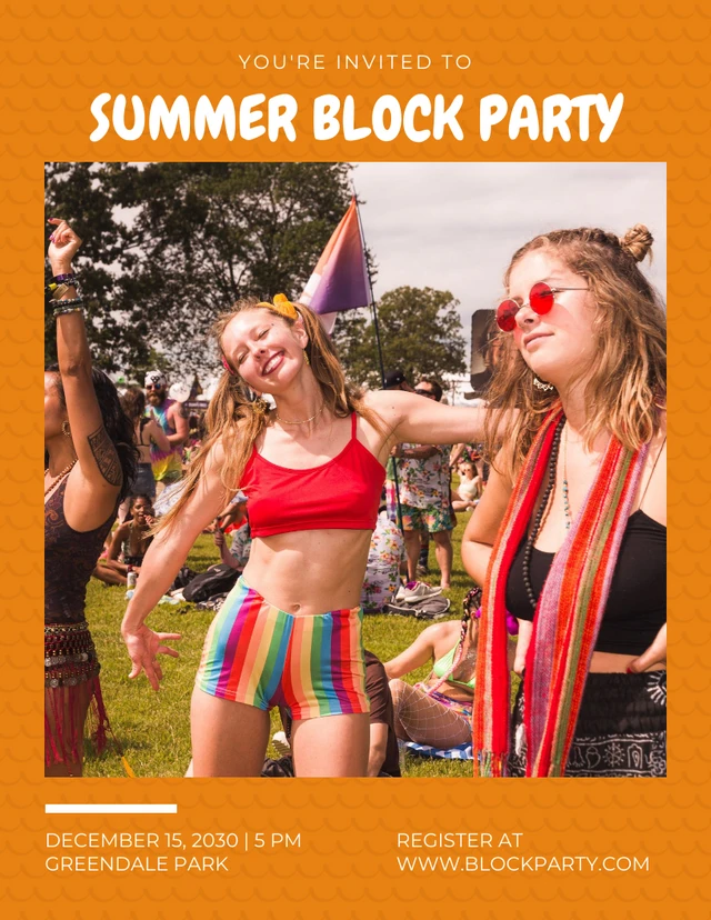 Orange Modern Pattern Photo Summer Block Party Poster Template