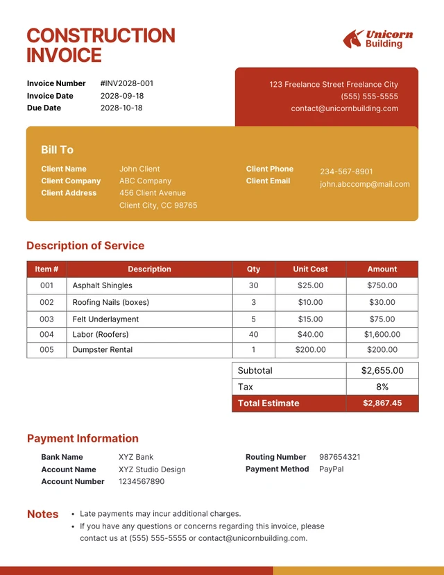 Simple Red Orange Construction Invoice Template