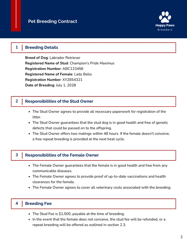 Pet Breeding Contract Template - page 2