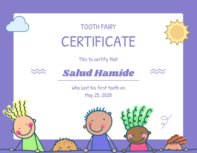 Purple And White Minimalist Illustration Tooth Fairy Certificate Template