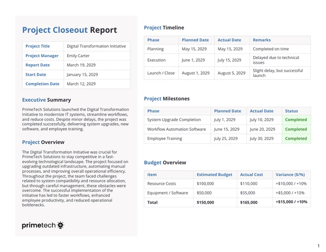 Project Closeout Report Template - page 1