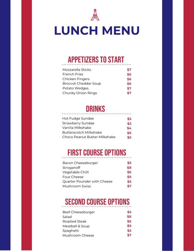 Modèle de menu français pour le déjeuner à rayures minimalistes blanches, bleues et rouges