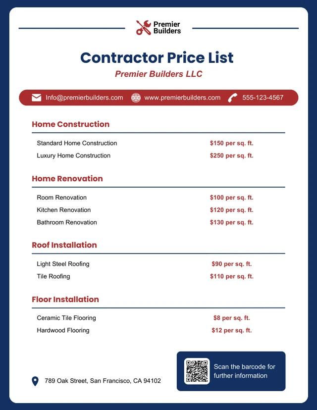 Plantilla de lista de precios para contratistas