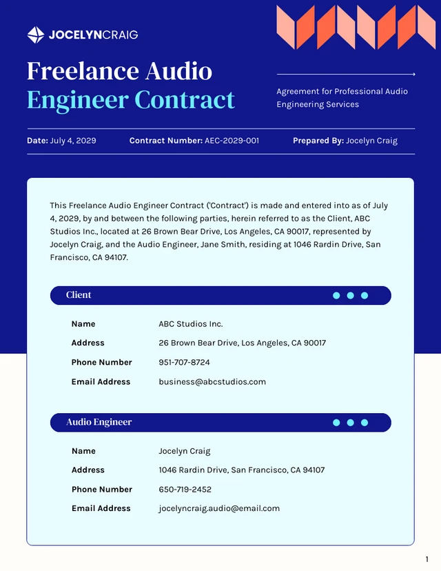 Freelance Audio Engineer Contract Template - page 1