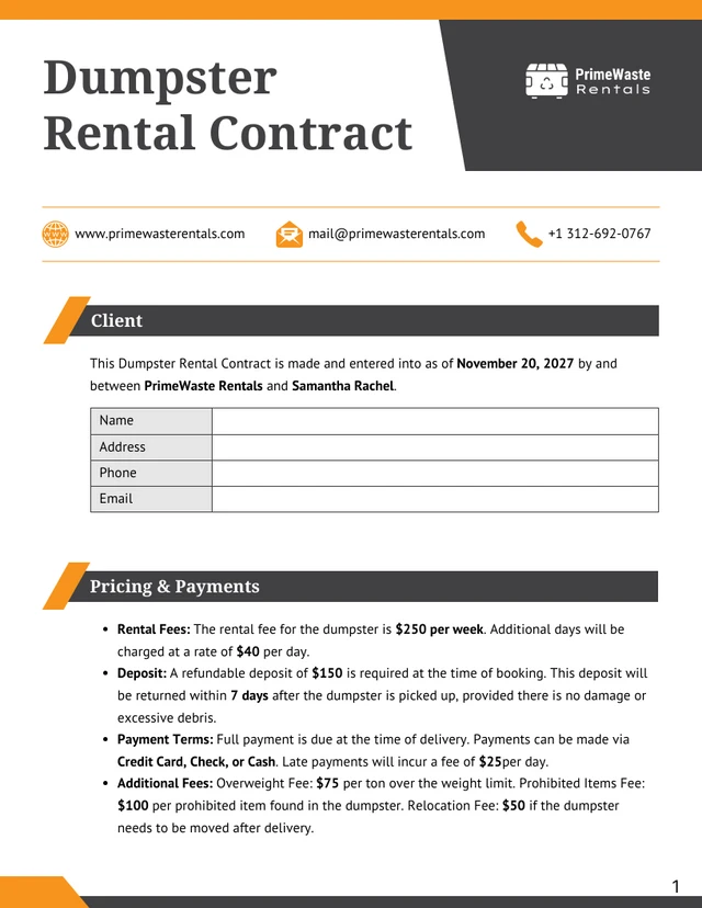 Dumpster Rental Contract Template - Page 1