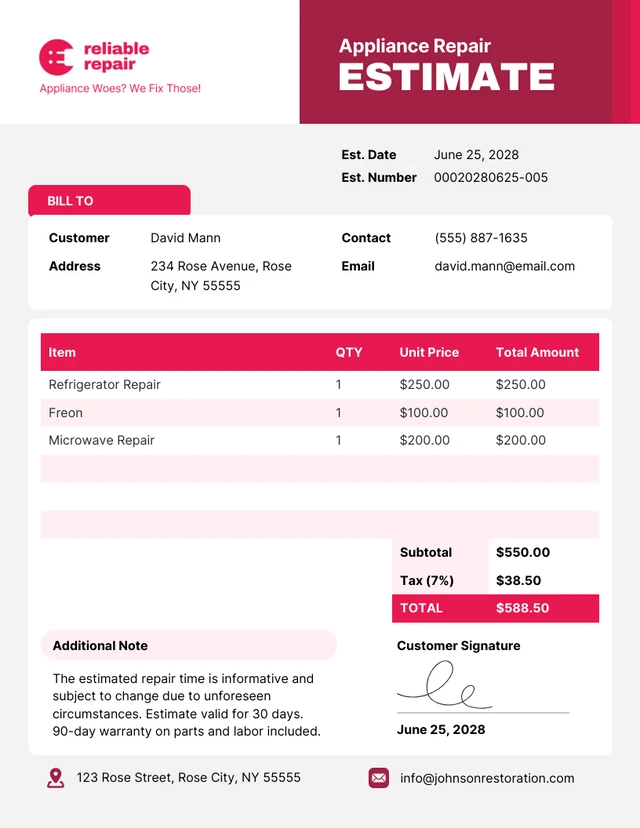 Appliance Repair Estimate Template