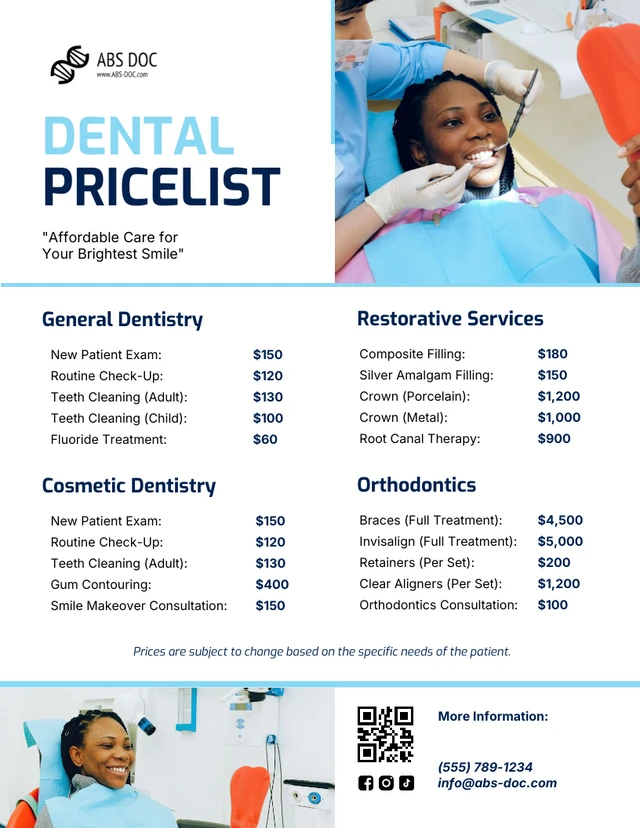 Plantilla de lista de precios dental