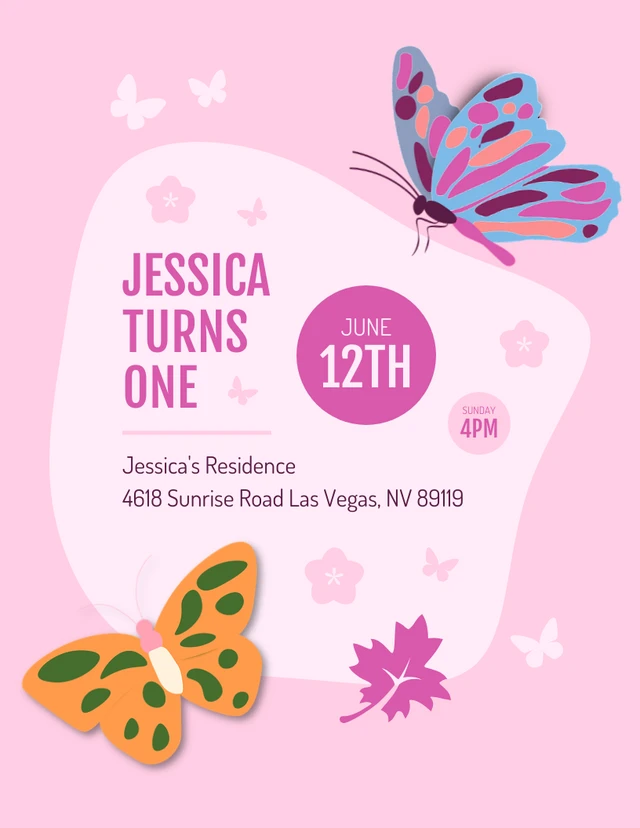 Pink Simple Illustration Butterfly Birthday Invitation Template