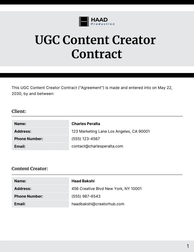 UGC Content Creator Contract Template - page 1