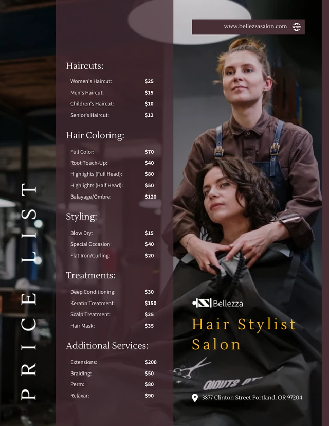 Hair Stylist Salon Price List Template