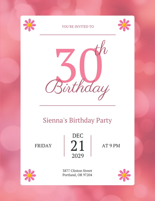 Plantilla de carta de invitación para fiesta de 30 cumpleaños rosa brillante