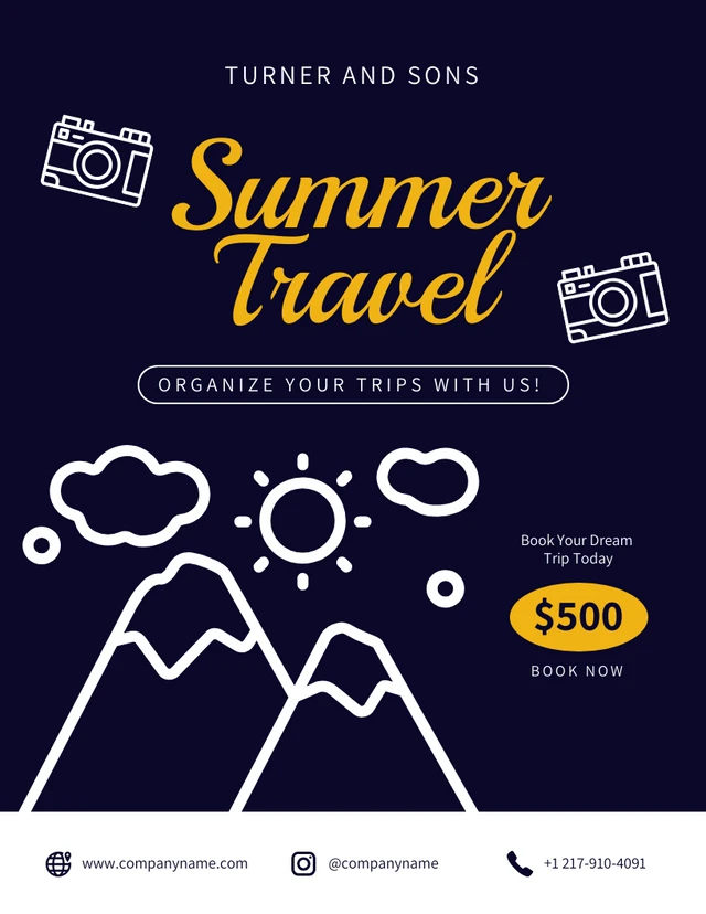 Vorlage für moderne, verspielte, ästhetische Sommerreiseplakate in Marineblau und Gelb