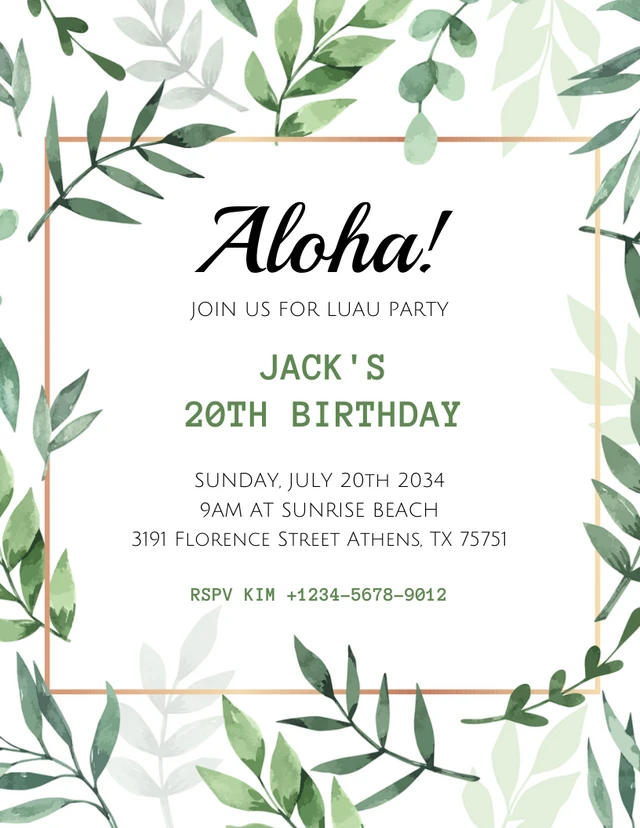 White And Green Luxury Elegant Illustration Leaf Luau Party Invitation Template
