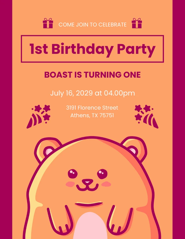 Purple And Orange Cute Illustration Playful Hamsters 1st Birthday Invitation Template