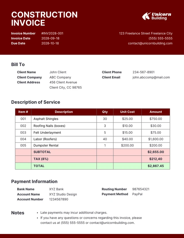 Modern Clean Burgundy Construction Invoice Template