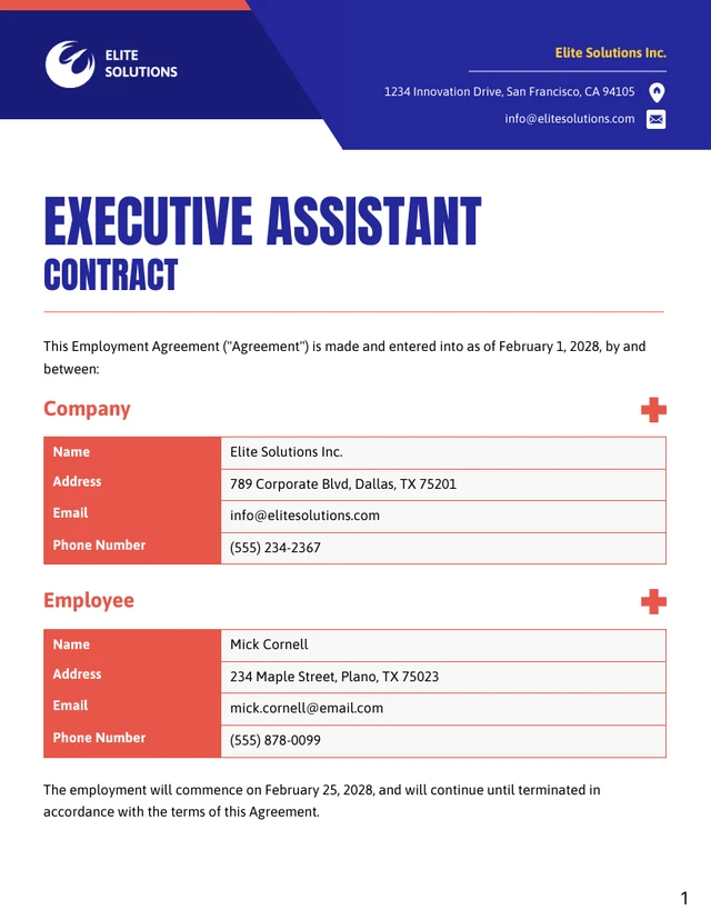 Executive Assistant Contract Template - page 1