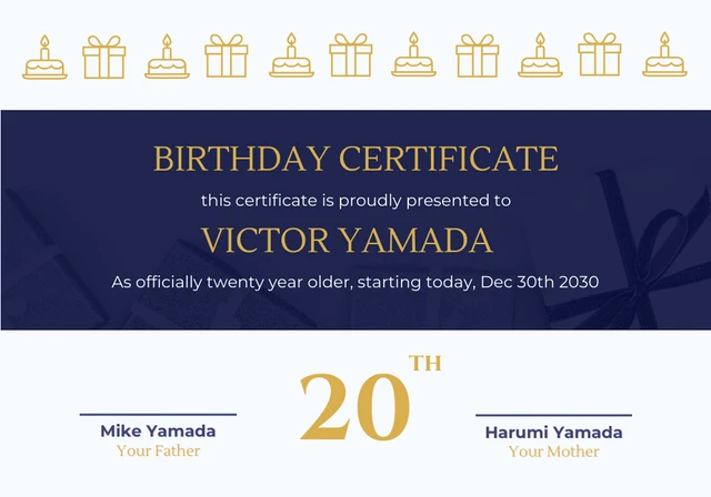 White And Navy Modern Birthday Certificate Template