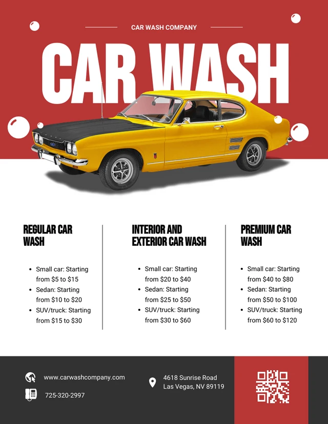 Plantilla moderna de lista de precios de lavado de autos en rojo y negro