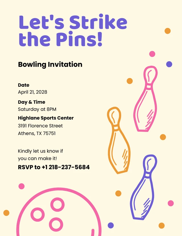 Simple Cream Purple Bowling Invitation Template