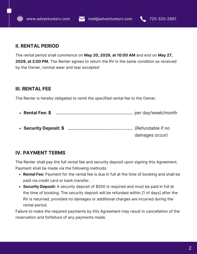 RV Rental Contract Template - Page 2
